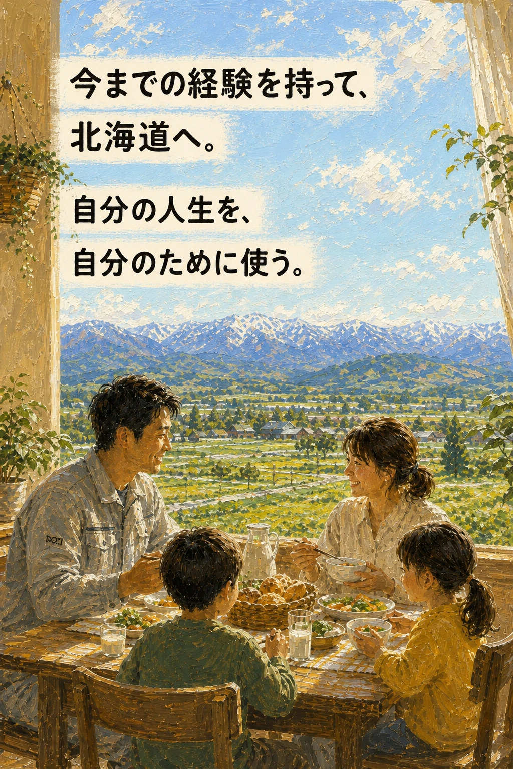 今までの経験を持って、北海道へ。自分の人生を、自分のために使う。富良野の景色を望みながら家族で食卓を囲むイラスト