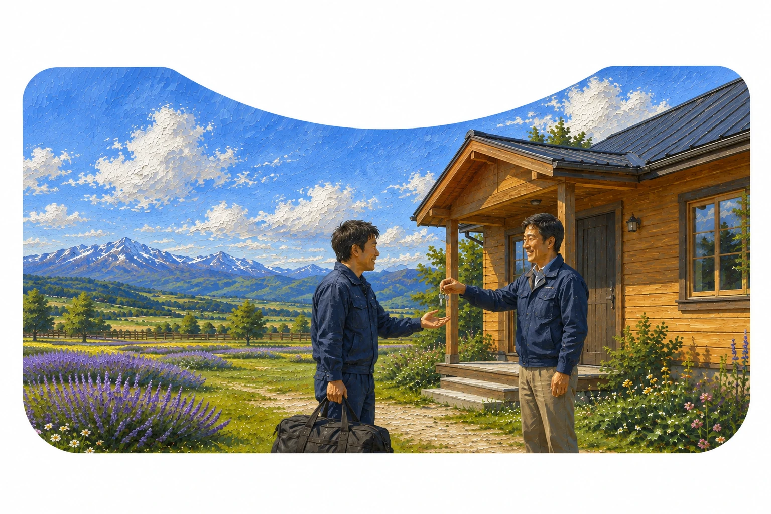 北海道の住まいで会社担当者から鍵を受け取る作業員のイラスト