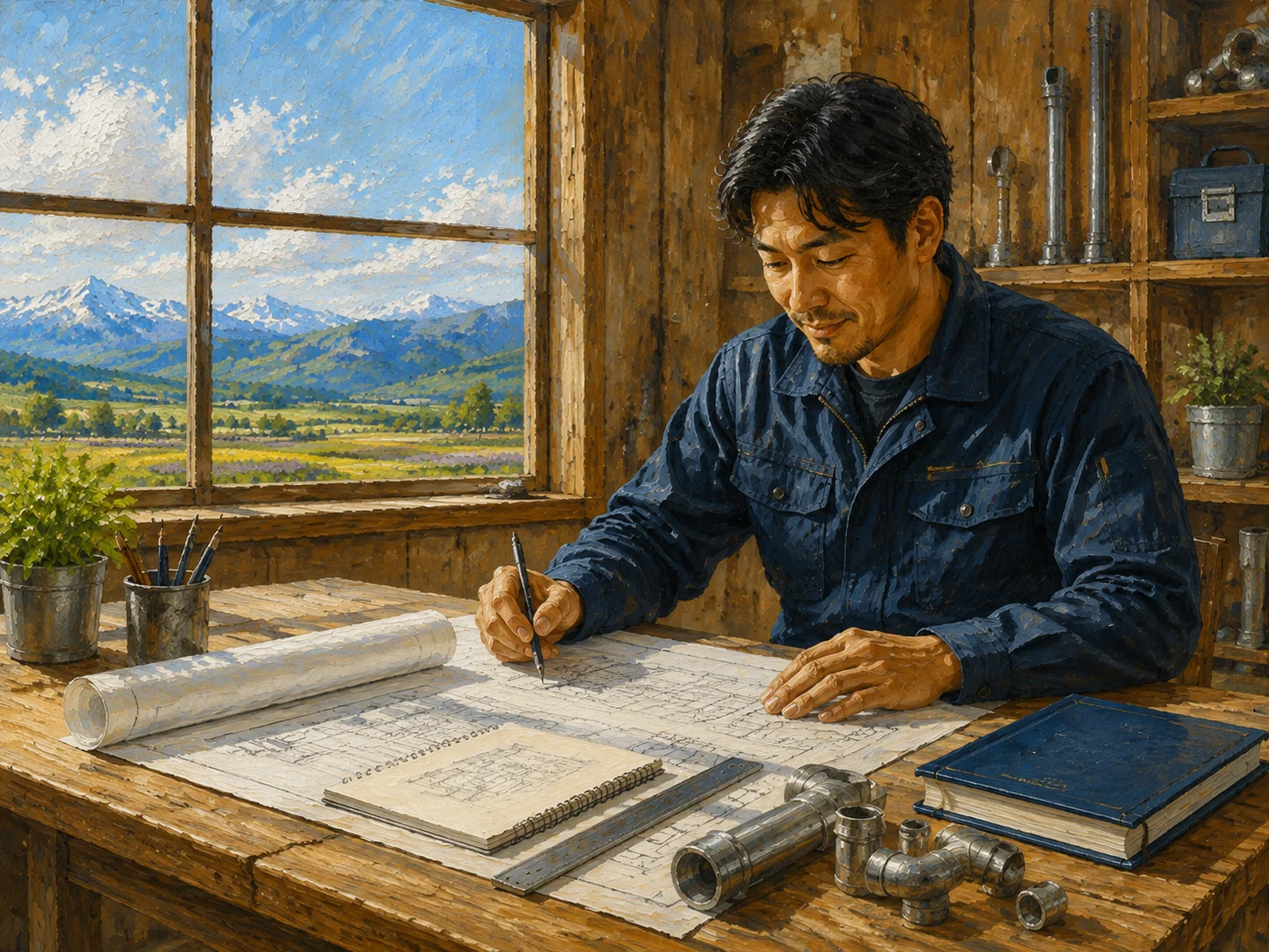 北海道の工房で資格取得に向けて学ぶ作業員のイラスト